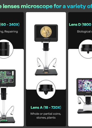 Andonstar AD246S-M 3 Lens 2160P HDMI Digital Microscope 2000x for Adults | 7 Inch LCD Soldering Microscope for Electronics Repair, Error Coins, Pro Boom Arm Stand, Windows Compatible
