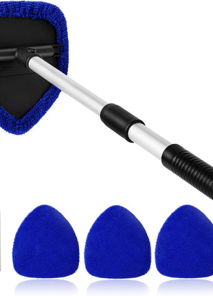 11pcs Windshield Cleaner Tool, Car Window Cleaning Wash Kit with 6 Reusable Microfiber Pads 2 Spray Bottles and Extendable Handles Auto Glass Wiper Kit, Blue