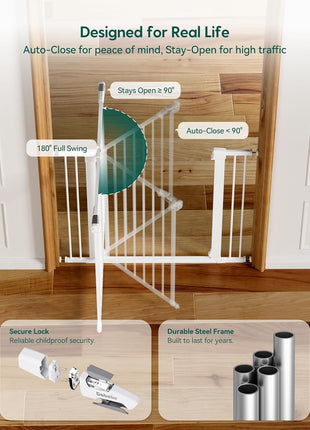 Babelio Pressure Mounted Baby Gate for Stairs, 26-40 in PressGuard Dog Gate | Triple-Lock, Pressure/Wall Mount No Drilling, Heavy Duty, Auto Close, Easy Install for Doorways/Kitchens/Hallway, White