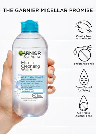Garnier Micellar Water For Waterproof Makeup, Hydrating Facial Cleanser & Makeup Remover, Suitable for Sensitive Skin, Vegan, Cruelty Free, 13.5 Fl Oz (400mL), 1 Count