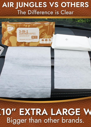 Air Jungles 3in1 Leather Cleaner Wipes 70 Count, Extra Large 8 inch x 10 inch Size, Clean Condition Protect Wipes for Vinyl and Leather Apparel Furniture Auto Car Interior Shoes Boots Bags