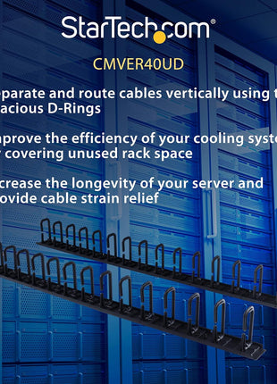 StarTech 2-Pack 20U Vertical Server Rack Cable Management with D-Ring Hooks, 40U Network Rack Cord Manager Panels, 2x 3ft (91cm) Wire Organizers