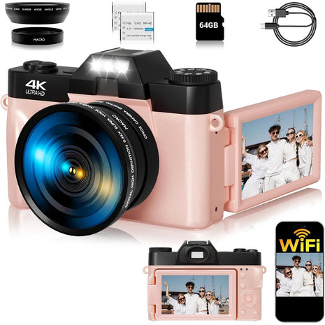 4K Digital Camera for Photography, 75MP WiFi Vlogging Camera for YouTube, 3" 180° Flip Screen Point and Shoot Camera with 64GB SD Card, Anti-Shak & 2 Batteries, Compact Travel Camera for Beginners