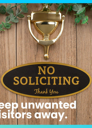 ExcelMark No Soliciting Sign for House or Business – Durable Indoor/Outdoor Sign – Easily Attach to Front Door - UV and Weather Resistant (Small - 2"x 5", Black with Gold Letters)