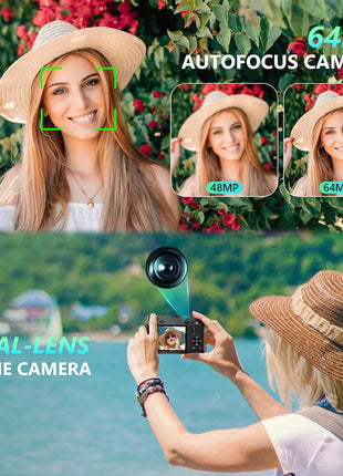 5K Digital Camera, 64MP Cameras for Photography with 6X Optical Zoom & Autofocus, WiFi Vlogging Camera for YouTube Video, Dual-Lens, 2 Batteries, 64GB Card & Flash, Best Cameras for Content Creators