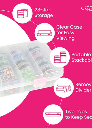 Everything Mary 28-Jar Bead Storage Organizer – Large Clear Case for Diamond Painting, Jewelry & Craft Beads – Durable Plastic Box with Screw-Top Jars for Diamond Art & Small Supplies
