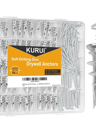 Metal Self Drilling Drywall Anchors, 116PCs Shatter-Resistant Wall Anchors and Screws Kit, 58 Heavy Duty Sheetrock Anchors + 58#6 x 1-1/4'' Screws, Zinc Hollow Dry Wall Anchors 50LB Hanging