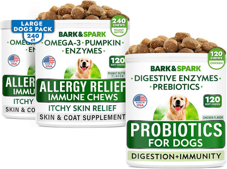Allergy Relief + Probiotics & Digestive Enzymes for Dogs - Anti-Itch Skin & Coat Supplement - Omega 3 Fish Oil - Gut Health - Pet Diarrhea Gas Treatment, Upset Stomach Relief Pills, Digestion Health