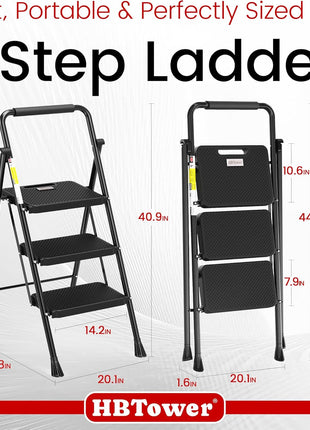 HBTower Step Ladder, Folding Step Stool with Wide Anti-Slip Pedal, Sturdy Steel Ladder, Convenient Handrail, Lightweight, Portable Steel Step Stool