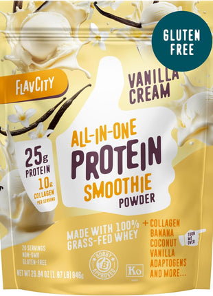 FlavCity Vanilla All in One Protein Shake Powder - On the Go Meal Alternative + Collagen Peptides, Reishi & Cordyceps - Focus, Skin, Hair & Joint Support - 100% Grass Fed Whey, 20 Servings
