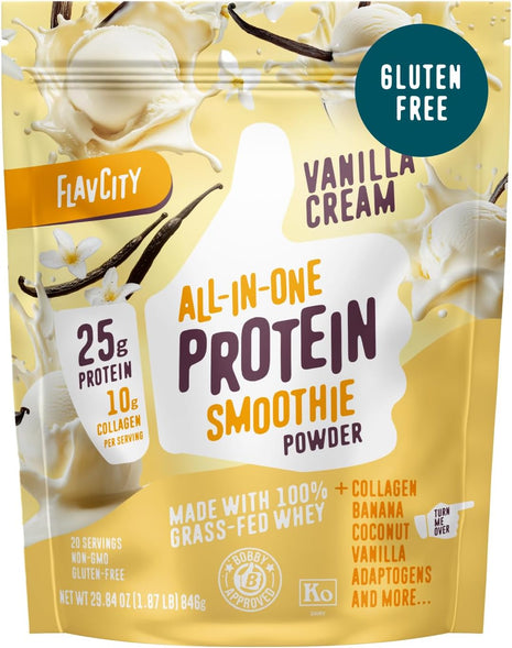 FlavCity Vanilla All in One Protein Shake Powder - On the Go Meal Alternative + Collagen Peptides, Reishi & Cordyceps - Focus, Skin, Hair & Joint Support - 100% Grass Fed Whey, 20 Servings