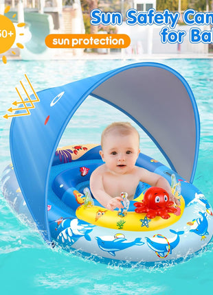 EZIGO Baby Pool Float Canopy UPF50+, Kids Floats for 6-36 Months Boys Girls | 120° Adjustable Sun Protection Toddler Swim Float with Squeaky Toys, Dual Air Chambers & Infant Baby Floatie with Safety Seat