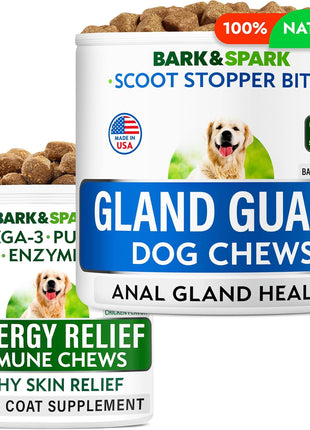 Anal Gland Guard Support + Allergy Relief Chews Bundle - Scoot Treatment - Dry & Itchy Skin Relief - Itching, Paw Licking & Hot Spots - Digestive Enzymes & Breath Aid Support - Made in USA