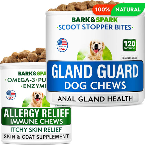 Anal Gland Guard Support + Allergy Relief Chews Bundle - Scoot Treatment - Dry & Itchy Skin Relief - Itching, Paw Licking & Hot Spots - Digestive Enzymes & Breath Aid Support - Made in USA