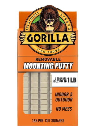 Gorilla Removable Mounting Putty Reusable & Repositionable Adhesive 168 Count Pre-Cut Squares (Pack of 1) Holds 2 lbs. Back to School Supplies for Teachers Students Parents, Indoor Outdoor