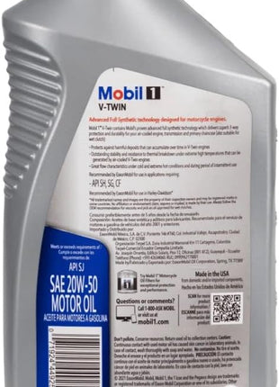Mobil 1 Motor Oil, V-Twin, 20W50, Synthetic, 1 qt Bottle, V-Twin Motorcycles, Each