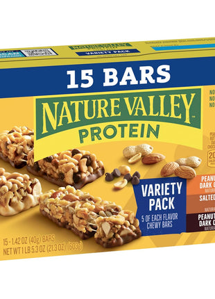 Nature Valley Protein Bars Variety Pack, Gluten Free Chewy Granola Snack Bars, 10g Protein, Peanut Butter Dark Chocolate, Salted Caramel Nut, Peanut Almond Dark Chocolate, 15 Count, 21.3 oz Box