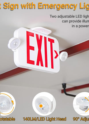 LIT-PaTH LED Combo EXIT Sign with 2 Adjustable Head Lights and Doube Face, Back Up Batteries- US Standard Red Letter Emergency Exit Lighting, UL 924 and CEC Qualified, 120-277 Voltage, 1-Pack