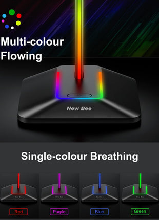 New Bee Headphone Stand with RGB Lighting, Sturdy Aluminum Gaming Headset Holder with USB-C & USB Charging Ports, Stable Desktop Earphone Stand for All Headphones Size, Black
