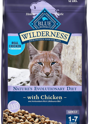 Blue Buffalo Wilderness Natural Adult Dry Cat Food, High-Protein and Grain-Free Diet, Supports Healthy Muscle Development and a Healthy Immune System, Chicken, 12-lb. Bag