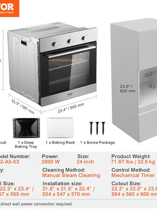 VEVOR Single Wall Oven, 2.68 Cu.Ft Electric Wall Ovens with Timer, 24" Built-in Electric Wall Oven with 6 Cooking Functions, Mechanical Knob Control Convection Wall Oven with Baking Rack and Tray