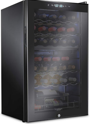 Ivation 33 Bottle Dual Zone Wine Cooler Refrigerator w/Lock | Large Freestanding Wine Cellar For Red, White, Champagne & Sparkling Wine | 41f-64f Digital Temperature Control Fridge Glass Door Black