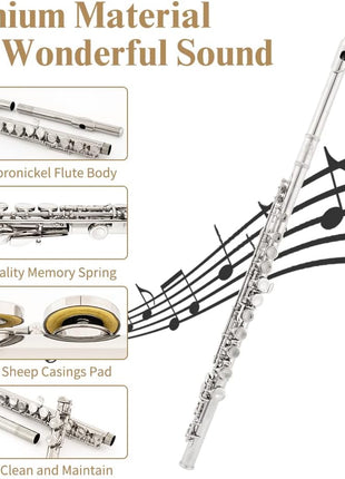 Closed Hole C Flute 16 Keys Instrument for Student Beginners with Cleaning Kit, Stand, Carrying Case, Gloves and Tuning Rod