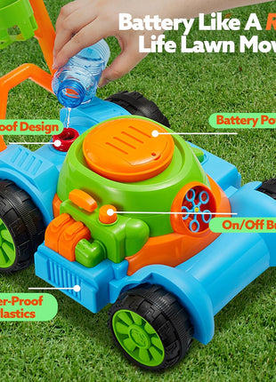 SLOOSH Spill-Proof Bubble Lawn Mower Toddler Toys Bubble Machine | Pretend Gardening Play Toy for Age 1 2 3 1-3 Year Old Baby Boys Girls for Indoor Outdoor Use Birthday Gifts (Blue)