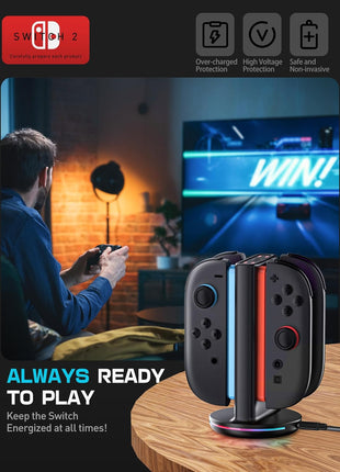SUPCASE Charging Dock for Nintendo Switch 2 Joy Con, Black | Supports Dual-Side Charging, 9 Light Modes, Magnetic Controller, Fast Charger Stand Station