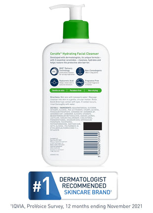 CeraVe Hydrating Facial Cleanser, Moisturizing Face Wash For Dry Skin, Hyaluronic Acid + Ceramides + Glycerin, Hydrating Cleanser For Normal To Dry Skin, National Eczema Association Certified, 16 Oz