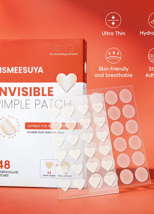Pimple Patches 96 Count, Hydrocolloid Acne Patches, 2 Pack | Hydrocolloid acne patches provide discreet coverage for blemishes. Invisible round and heart shapes for day and night use