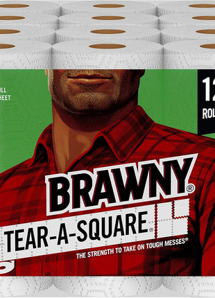 Brawny Tear-A-Square Paper Towels, 12 Double Rolls = 24 Regular Rolls, 3 Sheet Sizes (Quarter, Half, Full), Strength for All Messes, Cleanups, and Meal Prep