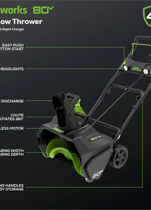 Greenworks 80V (75+ Compatible Tools) 20 inch Brushless Cordless Snow Blower, 2.0Ah Battery and Charger Included