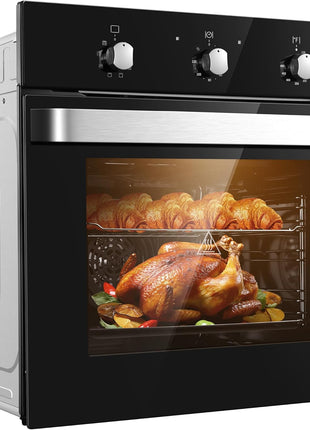 Wall Ovens 24 inch Electric,Built-in Single Wall Ovens, Convection Wall Oven with Rotisserie, 8 Cooking Functions,2900W,240V,2.15Cu.f Mechanical Knobs Control, Black Tempered Glass Finish