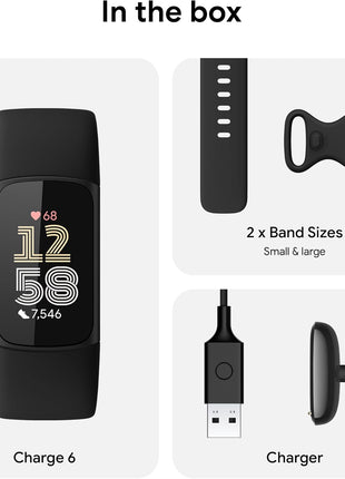 Fitbit Charge 6 Fitness Tracker with Google Apps - Heart Rate on Exercise Equipment - 3-Month Google Health Premium Membership Included - Health Tools - Obsidian/Black - Small&Large Bands Included