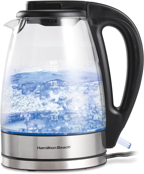 Hamilton Beach 1.7 Liter Electric Tea Kettle, Water Boiler & Heater | Fast Boiling 1500 Watts | BPA Free | Cordless Serving | Auto-Shutoff & Boil-Dry Protection | LED Indicator | Clear Glass