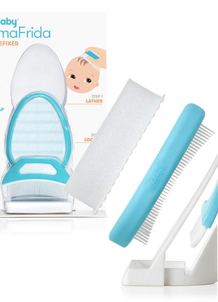 Frida Baby The 3-Step Cradle Cap System, DermaFrida The FlakeFixer, Sponge, Brush, Comb and Storage Stand for Babies with Cradle Cap, White-Blue