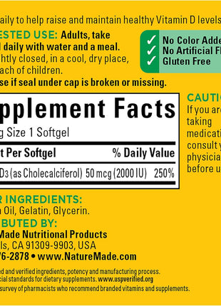 Nature Made Vitamin D3 2000 IU (50 mcg), 90 Vitamin D Softgels | Vitamin D Supplement for Immune, Bone, Teeth and Muscle Health Support, 90 Day Supply