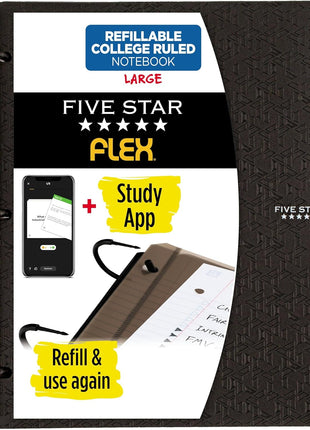 Five Star Flex Refillable Notebook  Study App, College Ruled Paper and 1 Inch TechLock Ring Binder with Pockets, Tabs and Dividers, 200 Sheet Capacity, Black (29328AA2)