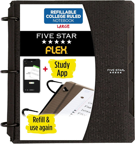 Five Star Flex Refillable Notebook  Study App, College Ruled Paper and 1 Inch TechLock Ring Binder with Pockets, Tabs and Dividers, 200 Sheet Capacity, Black (29328AA2)