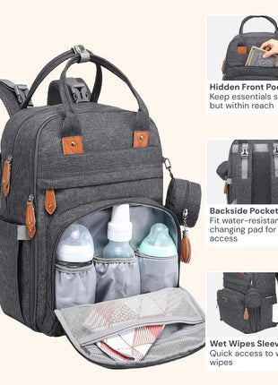 BabbleRoo Diaper Bag Backpack - Baby Essentials Travel Tote - Multi Function Water Resistant Diaper Bag, Travel Essentials Baby Bag with Changing Pad, Stroller Straps & Pacifier Case - Dark Gray
