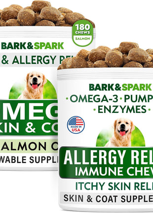 Allergy Relief + Omega 3 Bundle - Anti-Itch Skin & Coat Supplement + Itch Relief - Omega 3 Fish Oil + EPA & DHA Fatty Acids - Itching & Paw Licking + Joint Health - 360 Chews - Made in USA