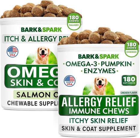 Allergy Relief + Omega 3 Bundle - Anti-Itch Skin & Coat Supplement + Itch Relief - Omega 3 Fish Oil + EPA & DHA Fatty Acids - Itching & Paw Licking + Joint Health - 360 Chews - Made in USA
