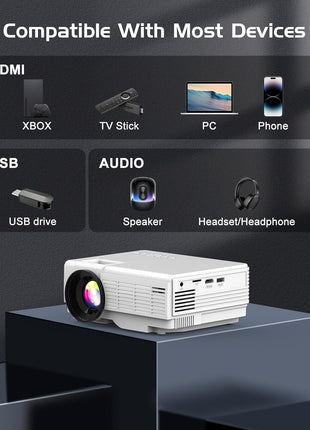 PANSEBA 1080P Mini Projector with Screen, Portable Home Theater Movie Projector with Two-Way Bluetooth, HDMI/USB Input for Smartphone/TV Stick, Ideal for Indoor & Outdoor Use, White