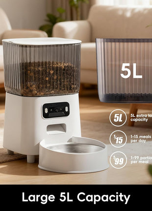 5L Smart Pet Feeder with HD Camera, WiFi Automatic Food Dispenser, Dual Stainless Steel Bowls, App Control, Voice Recorder, Motion Detection for Small and Medium Pets