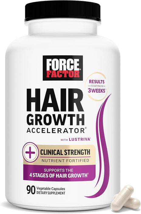 Force Factor Hair Growth Accelerator with Clinically Studied Lustriva | Hair Multivitamin for Women with Biotin, Horsetail & Vitamins for Thicker Hair, Healthier Skin & Nails, 90 Capsules