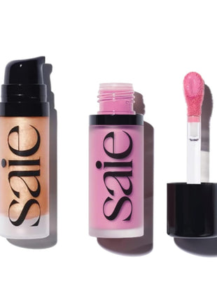 Saie Mini Glowy Super Gel Lightweight llluminator & Makeup Primer - Sunglow (0.5 oz) + Dew Blush - Lightweight Liquid Blush with a Blendable + Buildable Cream Finish - Baby (.40 oz)