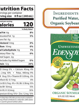 Edensoy Unsweetened Eden Organic Soymilk, Non-GMO, USA Whole Soy (Soya) Milk, Non-Dairy, Vegan, Plain, Shelf Stable, 32 oz (6-Pack)