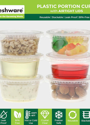 Freshware Plastic Portion Cups with Lids [2 Ounce, 200 Sets] Disposable Plastic Cups for Meal Prep, Salad Dressing, Jellos Shot Cups, Souffle Cups, Condiment and Dipping Sauce Cups