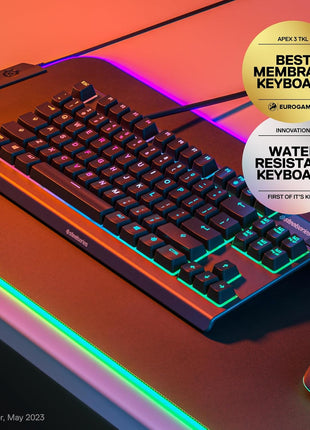 SteelSeries Apex 3 TKL RGB Gaming Keyboard – Tenkeyless Compact Form Factor - 8-Zone RGB Illumination – IP32 Water & Dust Resistant – Whisper Quiet Gaming Switch – Gaming Grade Anti-Ghosting,Black